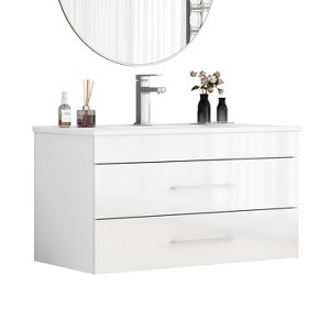 Gulches 36 in 1 Sink Bathroom Vanity Glossy White Bath Vanity with White Ceramic Top Double Soft-Close Drawers Long Metal Handle - 1 of 4