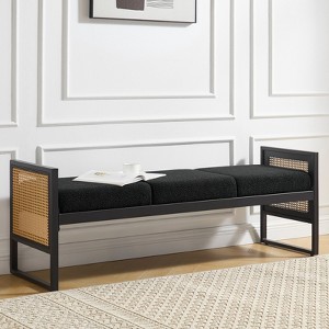 Bekrvio 57'' Long Upholstered Boucle Bench with Metal Frame & PE Rattan Sides, End of Bed Seating Bench, Modern Entryway Bench for Living Room - 1 of 4
