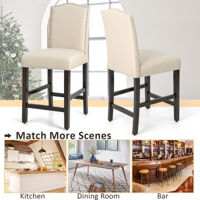 Set of 2 Beige Upholstered Nailhead Bar Stools with Wood Legs