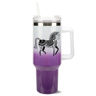 Elanze Designs 40 Ounce Ombre Travel Tumbler With Straw and Lid Stainless Steel Double Wall Insulated Majestic Floral Horse White and Purple Glitter