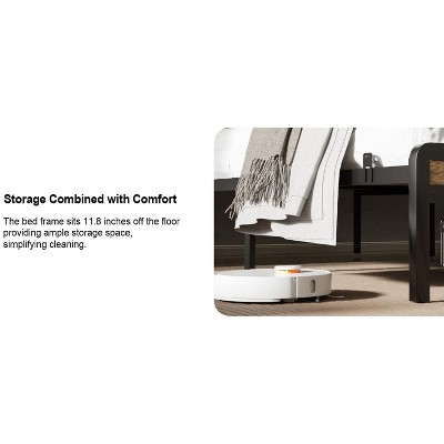 DOMETOUR Full Size Metal Bed Frame w/ Storage, LED Light, Velvet Headboard w/ Outlet & USB, Heavy Duty, Brown Wood, No Box Spring Needed