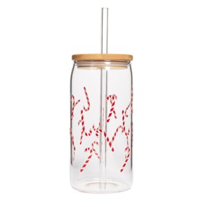 Sweet Water Decor Candy Cane Print Can Glass Tumbler -17oz - 1 of 3