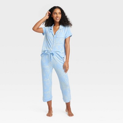Image of Women's Beautifully Soft Short Sleeve Notch Collar Top and Pants Pajama Set - Stars Above™ Blue/Floral L