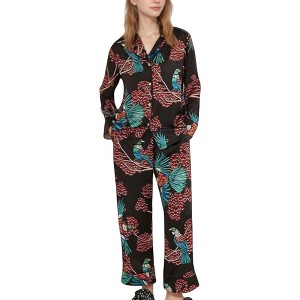 Anna-Kaci Lounge Women's Woven Two-Piece Pajama Set with Tropical Bird and Botanical Print Long Sleeve Top and Relaxed Fit Pants - 1 of 4