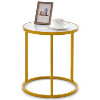 Tangkula Marble Top Round Side Table 19.5"x19.5" End Table w/ Golden Metal Frame Gold