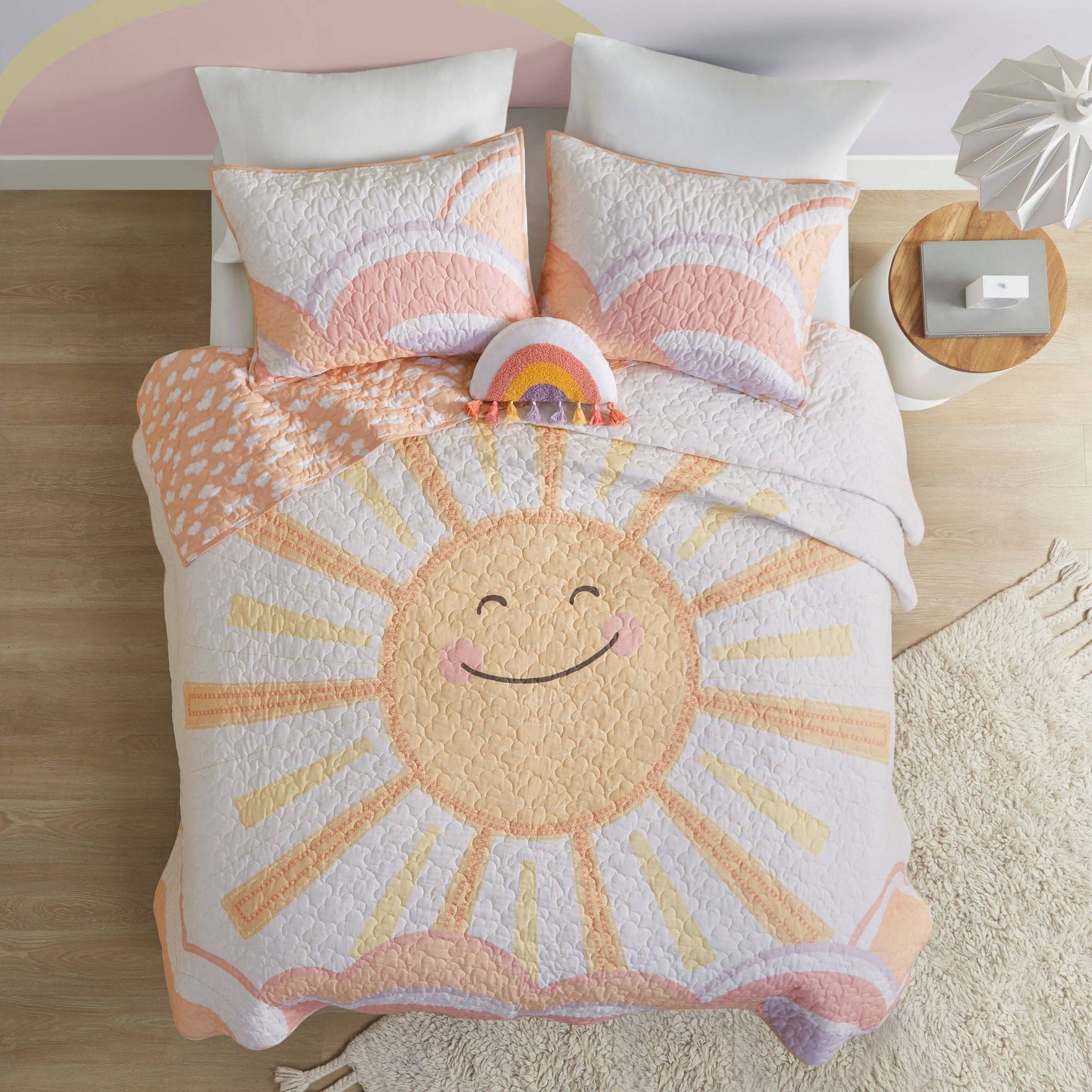 Full/Queen Mandy Sunshine Printed Reversible Kids' Quilt Set Yellow/Coral - Urban Habitat: Hypoallergenic Cotton Bedding