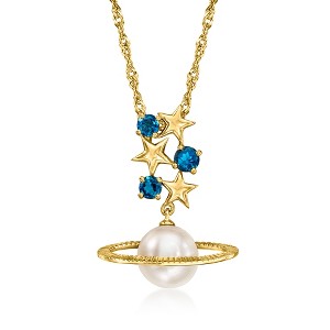 Ross-Simons 9.5-10mm Cultured Button Pearl and .60 ct. t.w. London Blue Topaz Celestial Pendant Necklace in 18kt Gold Over Sterling Size - 1 of 3