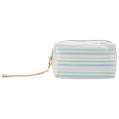 Unique Bargains Women's Portable Horizontal Stripes Makeup Bag Gray Pink 1 Pc