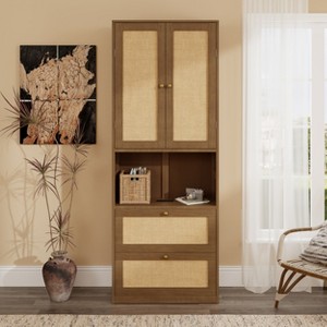 72.8" Tall 2-Door Bookshelf with USB Port, 2 Drawers & Rattan Design, Walnut/Natural - ModernLuxe - 1 of 4