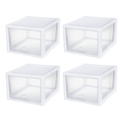 Sterilite 27 Quart Modular Stacking Storage Drawer Home Organization Container with Clear Side Panels - White (4 Pack)