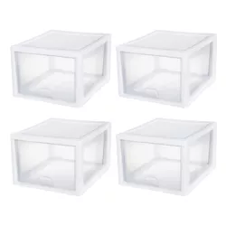 Sterilite 27 Quart Modular Stacking Storage Drawer Home Organization Container with Clear Side Panels and White Frame, 4 Pack