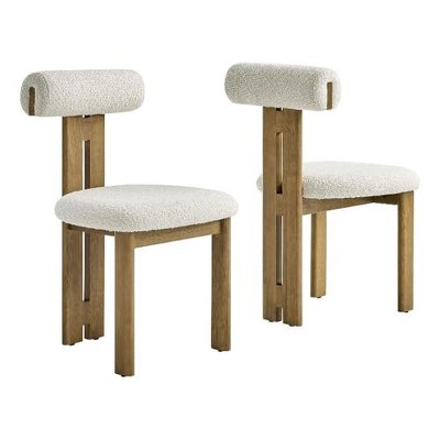 Modway Torian Upholstered Boucle Dining Chairs Set of 2 in French Oak Ivory - 3-Legged Farmhouse Kitchen Chairs Comfortable Side Chairs with Wood Legs