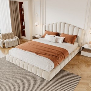 Queen Size Velvet Upholstered Bed Frame Floor Bed with Shell-Shaped Headboard for Bedroom - ModernLuxe - 1 of 4