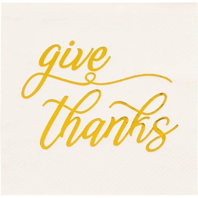 Blue Panda 50-Pack Gold Foil Give Thanks Disposable Paper Cocktail Napkins for Thanksgiving Party Supplies