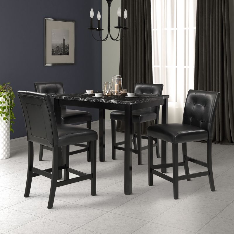 5-Piece Kitchen Table Set Faux Marble Top Counter Height Dining Table with 4 PU Leather-Upholstered Chairs Black-ModernLuxe, 3 of 8