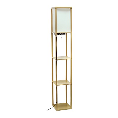 Tan Wood Floor Lamp with Shelves and Linen Shade