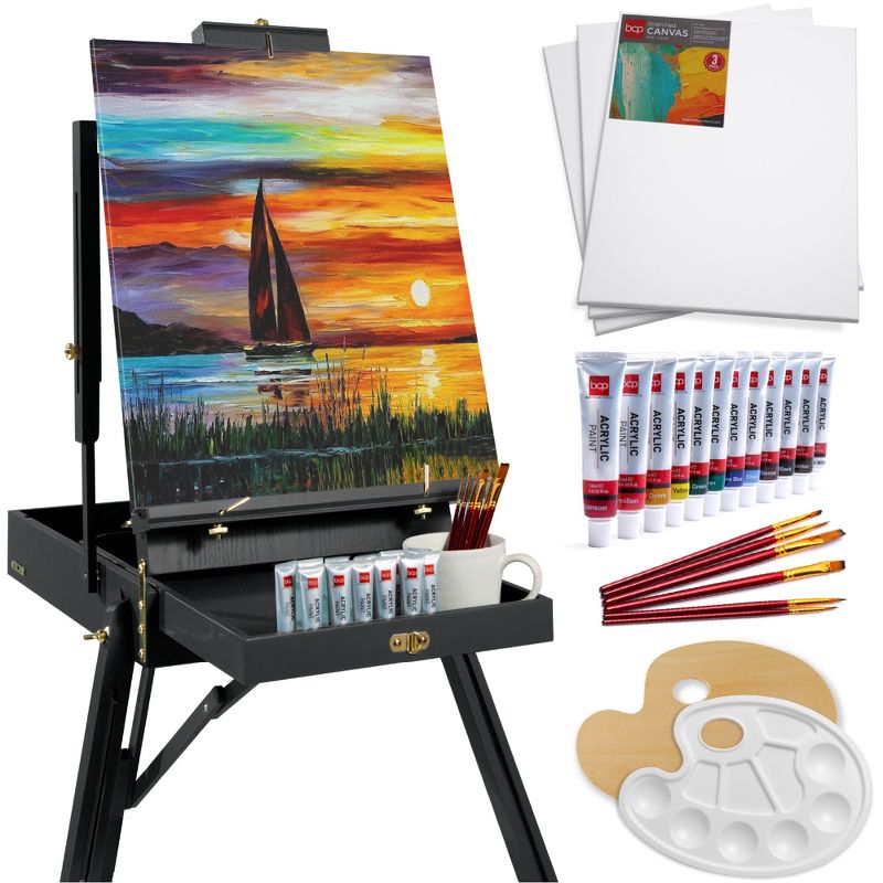 Best Choice Products French Easel, 32pc Beginners Kit Portable Wooden Adjustable Tripod  w/ Paint Supplies, 1 of 9