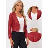 INSPIRE CHIC Women's Collarless Open Front Faux Pocket Faux Leather Crop Moto Jackets - 2 of 4