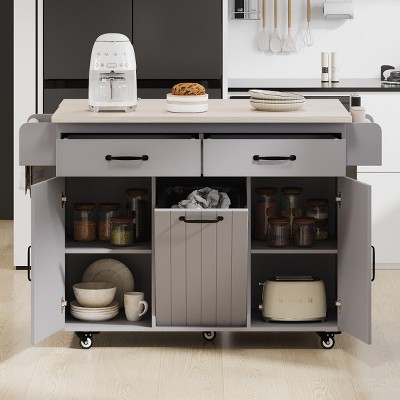 Rolling Kitchen Island With Trash Can And Storage Cabinet,Kitchen Cart With Adjustable Shelf,Spice Rack,Towel Rack And Drawer -Maison Boucle