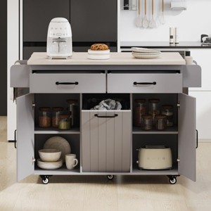 Rolling Kitchen Island With Trash Can And Storage Cabinet,Kitchen Cart With Adjustable Shelf,Spice Rack,Towel Rack And Drawer -Maison Boucle - 1 of 4