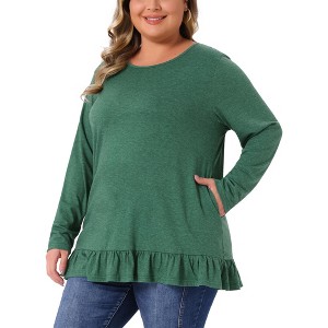 Women's Plus Size Ruffled Hem Crew Neck Long Sleeve Flowy Casual Tunic Tops with Pockets - Agnes Orinda - 1 of 4