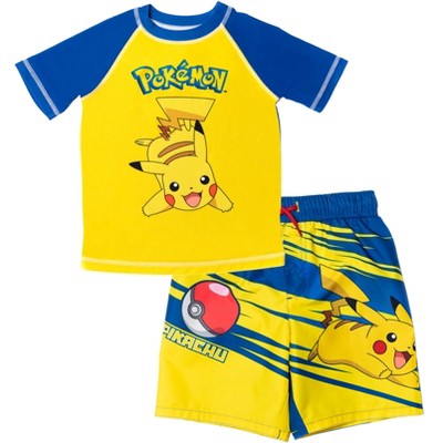Pokemon Pikachu Little Boys Raglan Pullover Swim Rash Guard Swim Trunks Yellow/Navy 5-6
