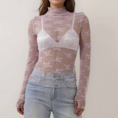Women's Floral Lace Slim-Fit Top – Sheer Stretch Tee with Baby Overlock Edge Cherie Code Lavender L