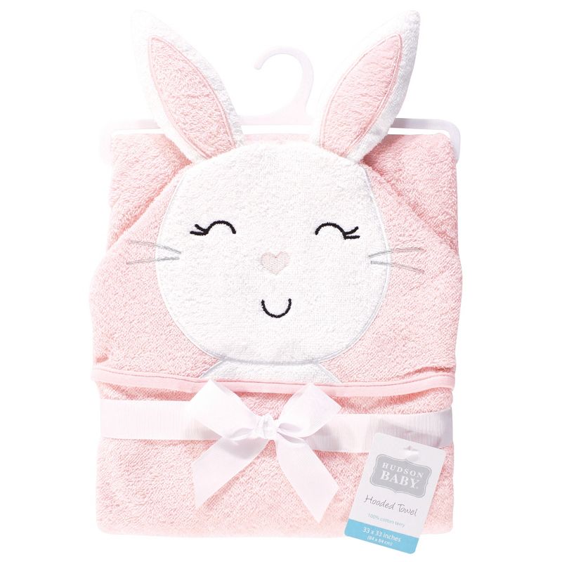 Hudson Baby Infant Girl Cotton Animal Face Hooded Towel, Pink Bunny, One Size, 3 of 4