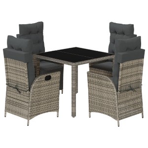 vidaXL 5 Piece Patio Dining Set with Cushions - Gray Poly Rattan Adjustable Recliner Chairs, Square Tempered Glass Table for Garden, Backyard, Patio - 1 of 4