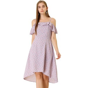 Allegra K Women's Spaghetti Straps Ruffled Sleeves Asymmetrical High Low Floral Midi Sundresses - 1 of 4
