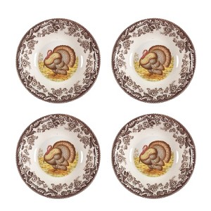 Spode Woodland Turkey Ascot Cereal Bowls, Set of 4 - Fine Earthenware Dinnerware with British Flowers Border - 8" - 1 of 4