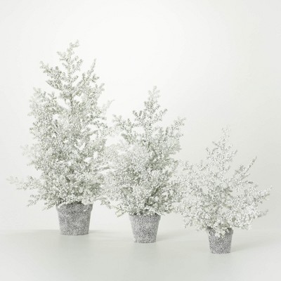 19"H, 23"H & 32"H Sullivans Artificial Frosted Juniper Tabletop Christmas Trees Set of 3, White, Indoor Christmas Decor