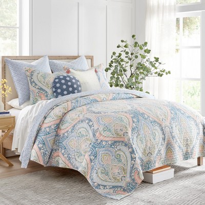 King Size Pastel Blush and Teal Cotton Quilt Set
