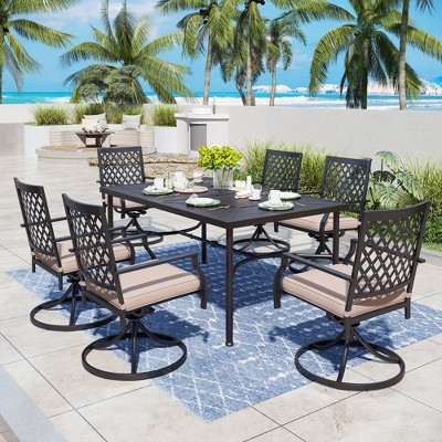 Captiva Designs 7pc Patio Dining Geometric Pattern Rectangular Steel Table & Mesh Back Metal Arm Chairs