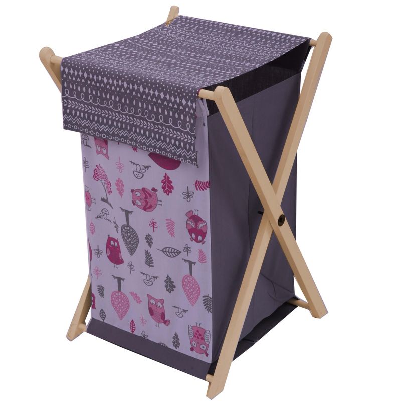 Bacati - Owls Pink/Gray Girls Laundry Hamper with Wooden Frame, 1 of 8