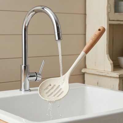 REGALWOVEN Silicone Cooking Utensil Set Wooden Handle Color Block Round Hole Nonstick Kitchen Tools 5 Pcs White — фото 5