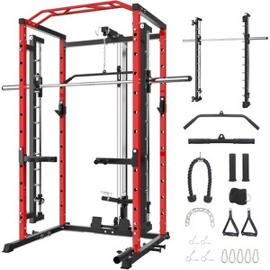 Power Cage, 1600LBS Power Rack with Smith Machine & LAT Pulldown - Multi-Functional Home Gym Squat Rack 21 Attachments Dip Bars J-Hooks - 1 of 4