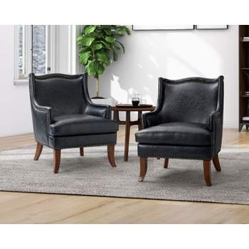 Set of 2 Nikolaus Vegan Leather Armchair with Solid Wood Legs and and Nailhead Trim for Living Room and Bed Room  | ARTFUL LIVING DESIGN