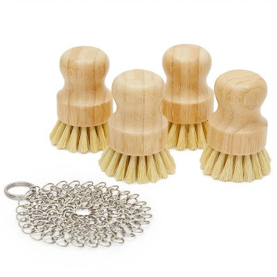 Okuna Outpost 5 Pieces Bamboo Palm Brush & Stainless Steel Scrubber & Cleaner Set for Cast Iron Pans, Dutch Oven Grills