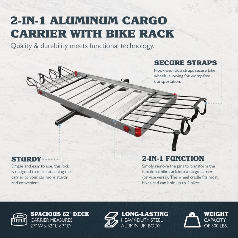 Tow Tuff TTF-2762ACBR Heavy Duty 2-in-1 Aluminum Adjustable Automotive Cargo Luggage Carrier with Bike Hitch Rack, 500 Pound Load Capacity, 4 of 7