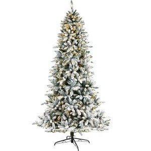 Nearly Natural 8-ft Flocked Livingston Fir Artificial Christmas Tree with Pine Cones and 500 Clear Warm LED Lights - 1 of 4