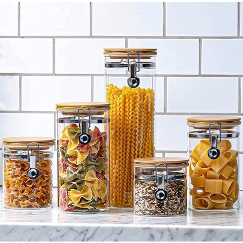 Le'raze Set of 5 Borosilicate Glass Food Storage Jars Containers with  Airtight Bamboo Clamp Lid