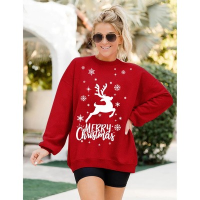 Clearlove Christmas Sweatshirt Merry Bright Christmas T-Shirt Long Sleeve Lightweight Holiday Pullover Tops