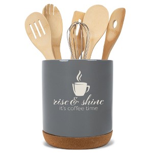 Elanze Designs Rise and Shine It's Coffee Time Barista Ceramic Cork Bottom Gray Large Capacity Utensil Holder Crock for Countertop Storage, Stylish & - 1 of 4