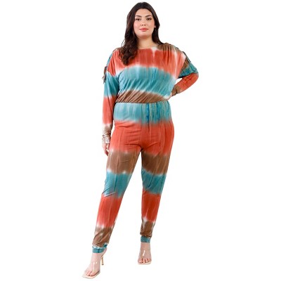 Slickblue Plus Size Tie-Dye Jumpsuit with Lace-Up Shoulders and Back Cut-Out - Rust Mocha Streetwear, Size 1XL-3XL