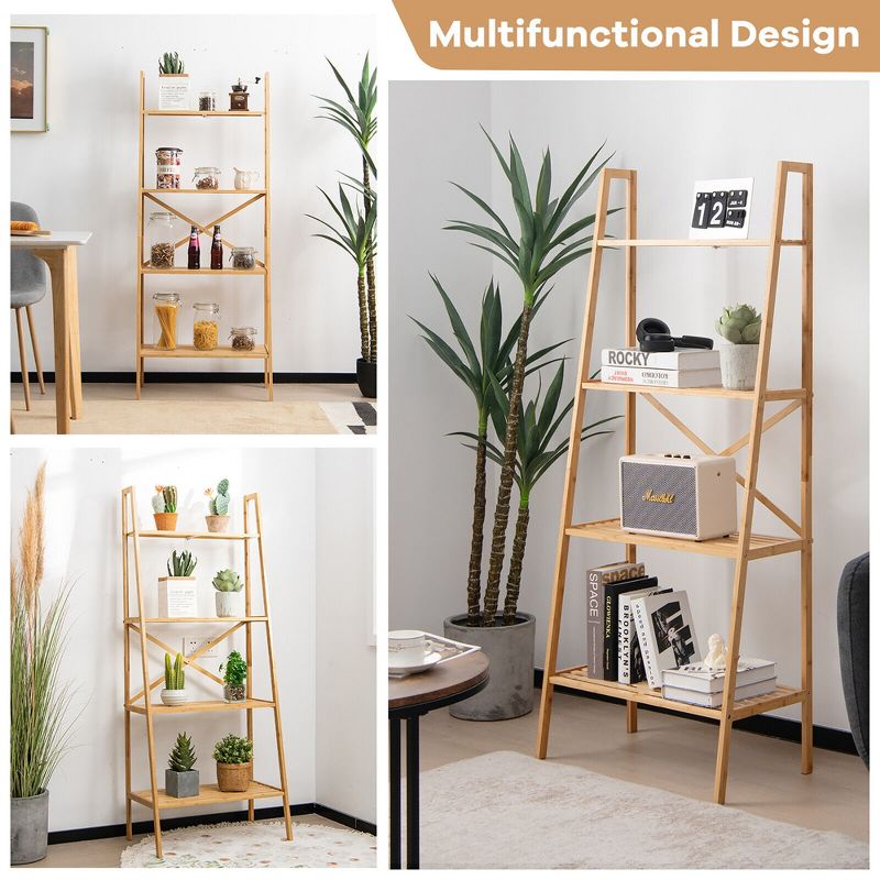 Tangkula 4-Tier Bamboo Ladder Bookshelf 58" Display Shelf Storage Rack Plant Flower Stand, 5 of 10