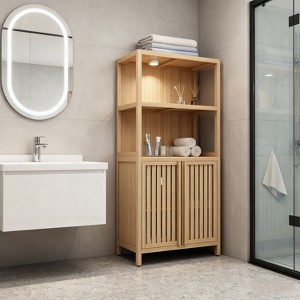 KTMBDW Bamboo Bathroom Cabinet, Freestanding Storage Cabinet Floor Cupboard with Door and 2 Open Shelf for Small Spaces, Hotels, Apartments - 1 of 4