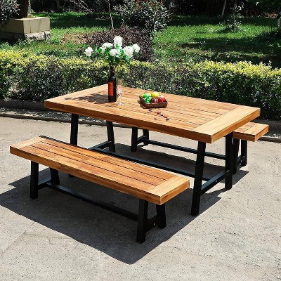 3pc Acacia Patio Dining Set with 2 Benches - Teak - Captiva Designs