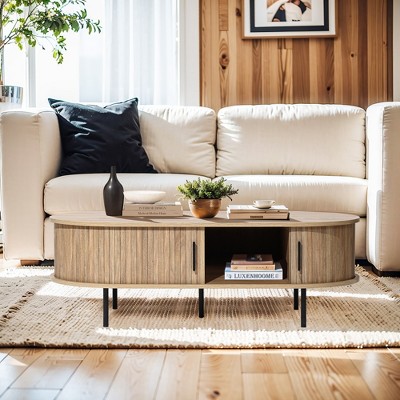 Mid-Century Modern Oval Oak Coffee Table with Storage