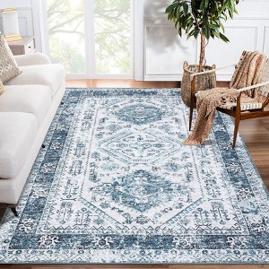 Vintage Floral Distressed Printed Area Rug Machine Washable Non Slip Stain Resistant Bodered Low Pile Ultra Thin Pet Friendly Carpet - 1 of 4